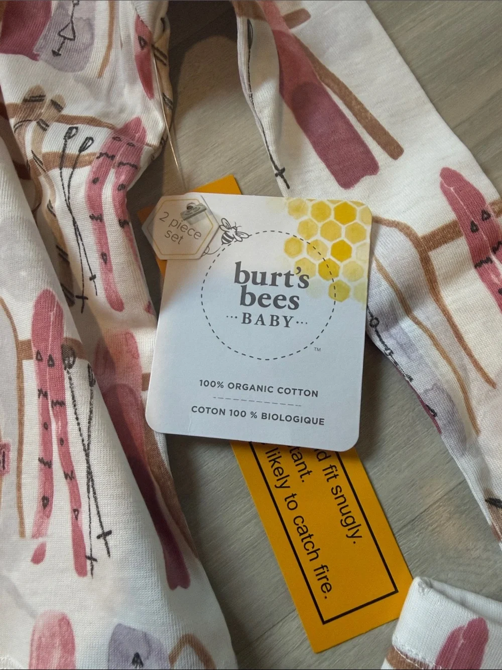 NWT Burt's Bees Kids Organic Cotton Pink Ski Print Pajama Set